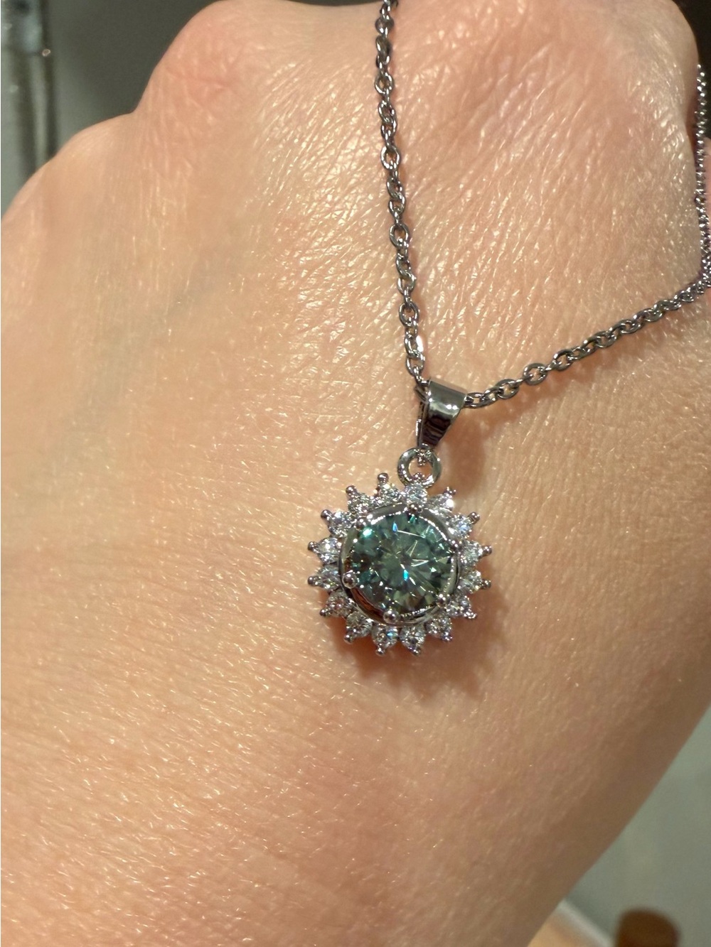 1.0ct GRA MOISSANITE Sunburst Pendant Necklace with Pale Teal Center Stone